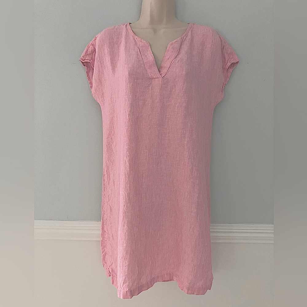 Pure Navy petal pink linen sheath dress minimalist Lagenlook resort coastal S